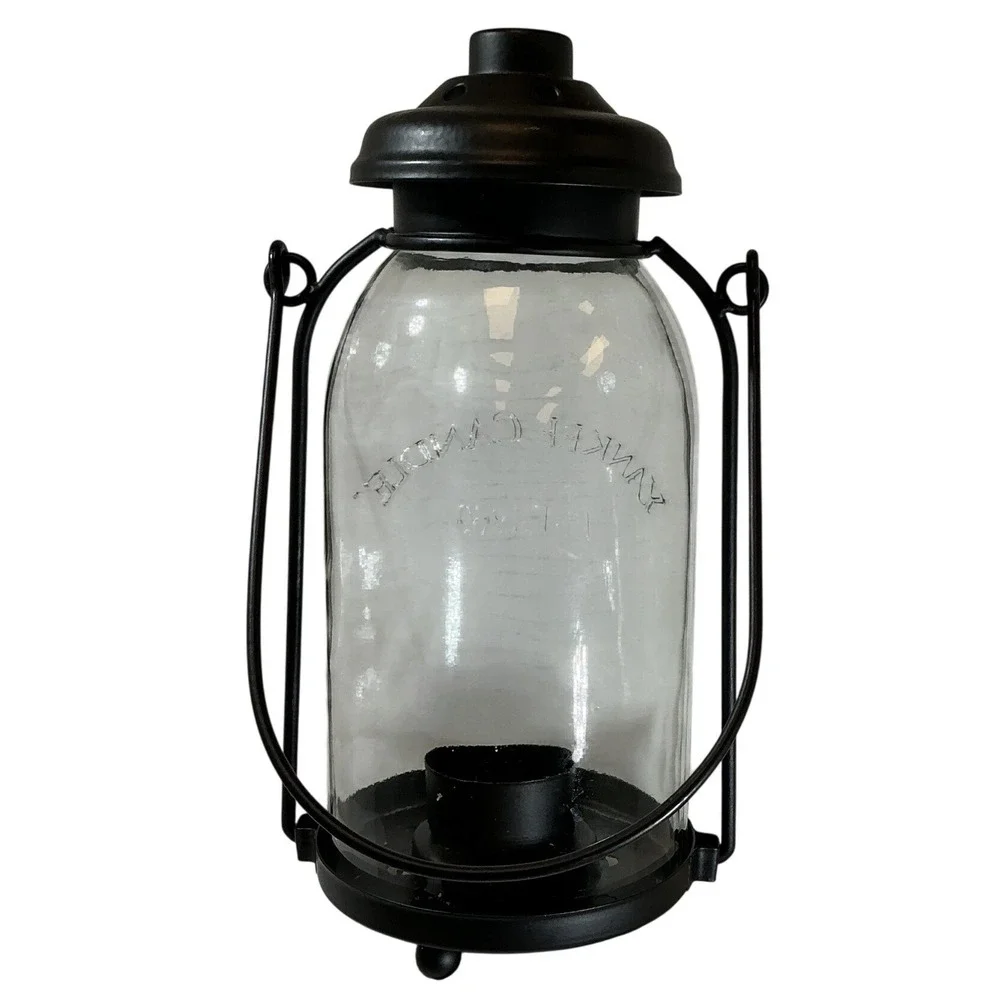 Yankee Candle Glass Jar Lantern Holder Black Metal Frame Vented Lid Est 1969